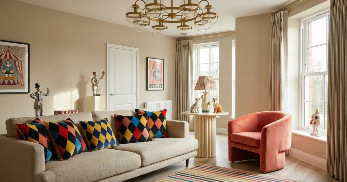 Discover FunHaus decor, the bold circus-inspired trend transforming homes in 2026. Learn how to balance harlequin patterns, sculptural furniture, and vibrant colors with neutral backgrounds. Get step-by-step tips to incorporate playful design into your space. FunHaus decor ideas, 2026 home design trends, playful interior design.