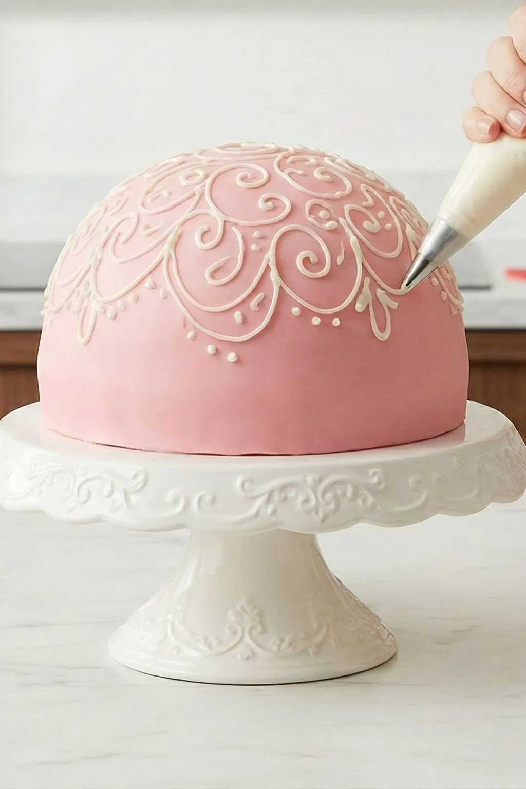 Learn how to add the final decorative touches to your fondant cake with drizzled icing. This elegant technique creates a beautiful finishing pattern that makes your cake truly special. Perfect for Valentine's Day and special occasions.