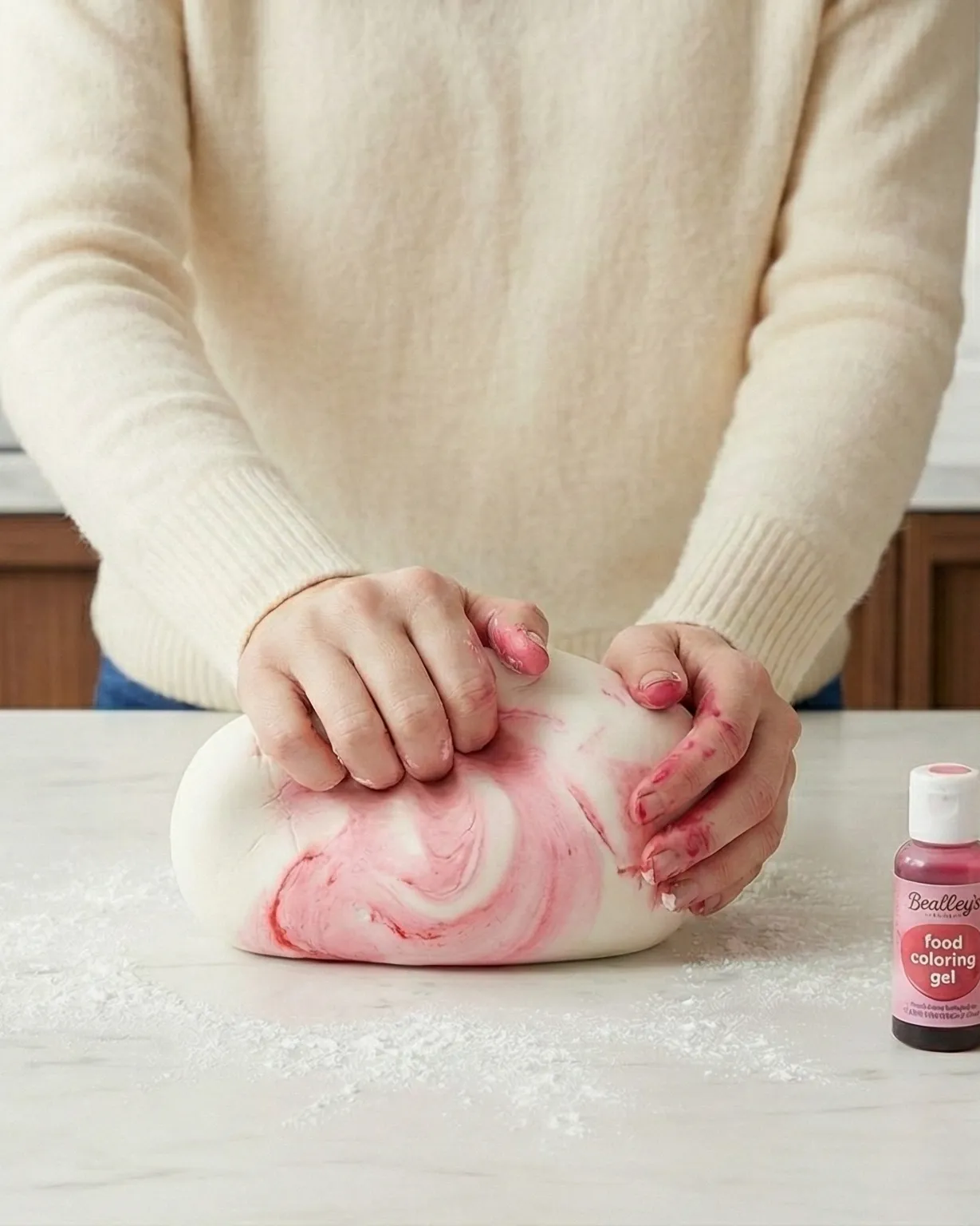 Learn the proper technique for kneading and coloring fondant. Watch as pink food coloring is worked into white fondant to create an even, smooth color. Essential skills for fondant cake decoration.