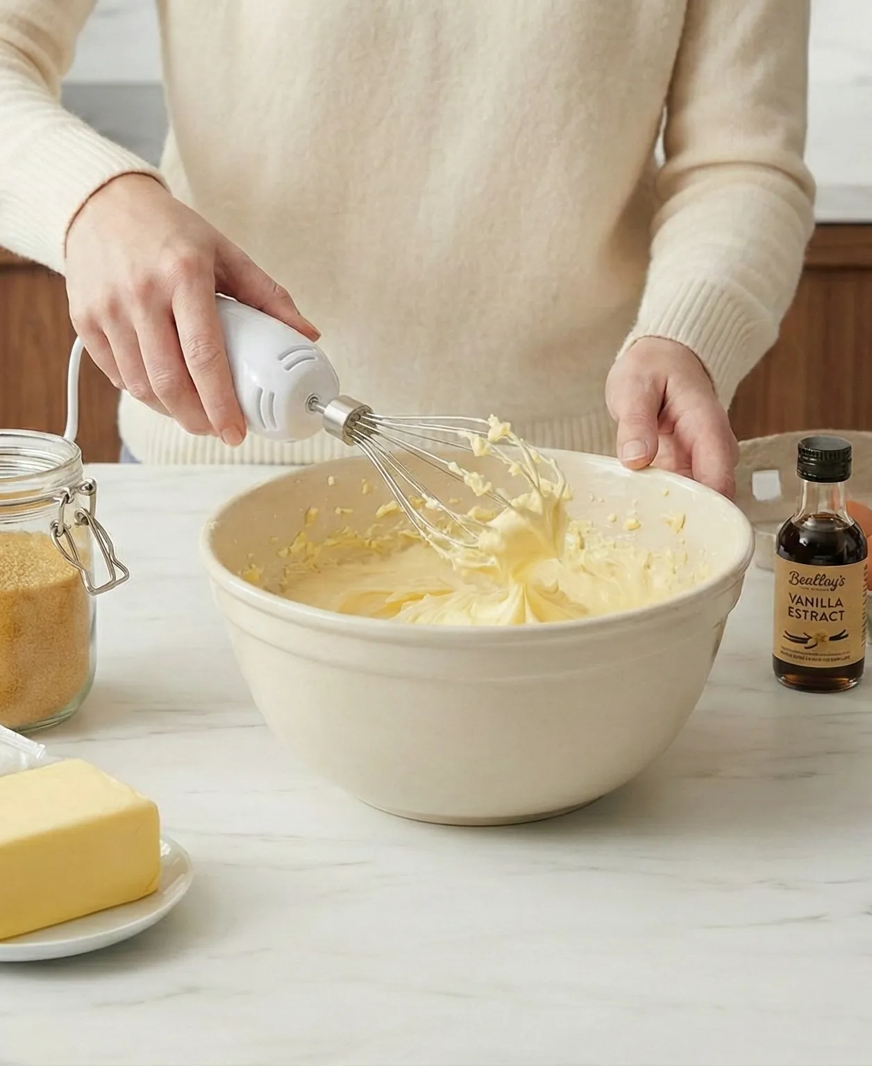 Learn the proper creaming technique for making a light and fluffy cake. Watch as butter and sugar are beaten together until smooth and creamy. This fundamental baking step is crucial for creating the perfect cake texture.