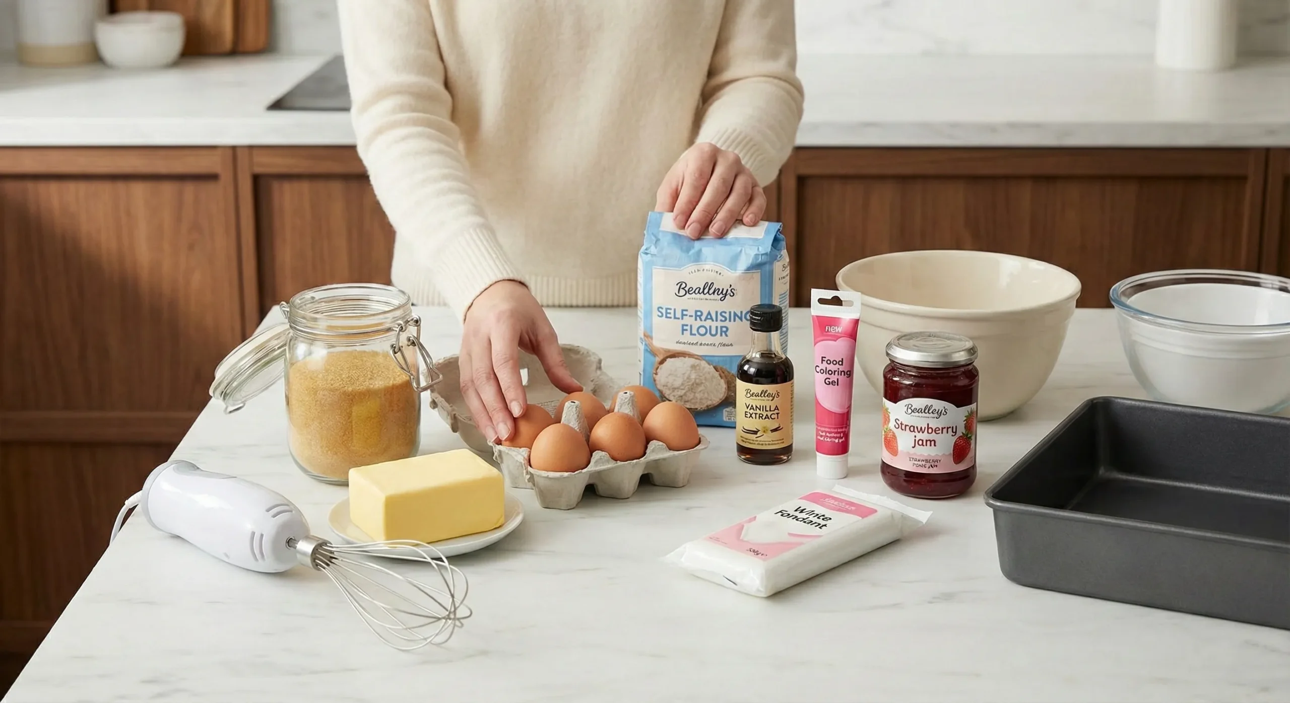 Complete ingredient list for making an impressive giant fondant cake. See all the ingredients you'll need including golden caster sugar, butter, eggs, self-raising flour, vanilla extract, pink food coloring, and white fondant. Perfect for Valentine's Day baking projects.
