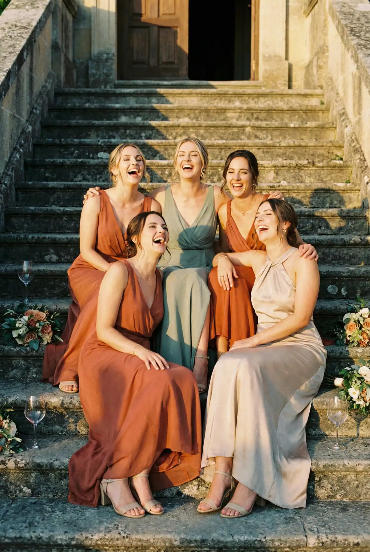 Trending 2026 bridesmaid aesthetic: Mismatched bridesmaid dresses in earth tones. Diverse bridal party wearing sage green dress, terracotta evening gowns, and champagne satin dresses. Perfect inspiration for outdoor dream wedding ideas and boho chic vibes