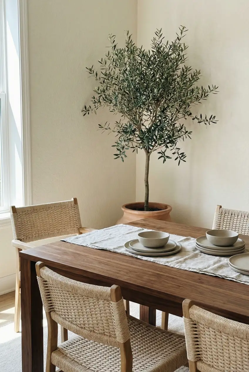 Pair walnut tables with woven textures and soft neutrals to prevent heaviness. This palette keeps dark wood grounded yet airy. Save this idea. #walnutdecor #diningroomideas #darkwood #earthyinteriors #cozyhome #homedetails