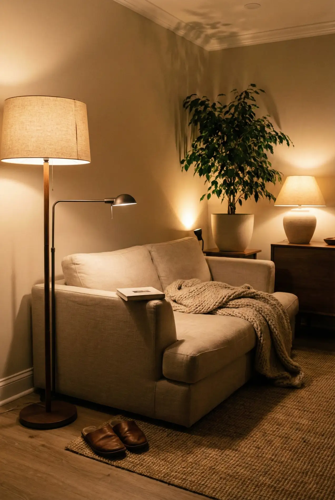Overhead off. Two warm lamps for glow. One focused light for reading. One accent point in the darkest corner. That’s how you make a room feel cozy and intentional. Save this setup to copy tonight. #moodynights #livingroomdecor #cozyhomeideas #layeredlighting #lamps #warmglow #homeinspo #interiordesign #lightingideas #cozystyle