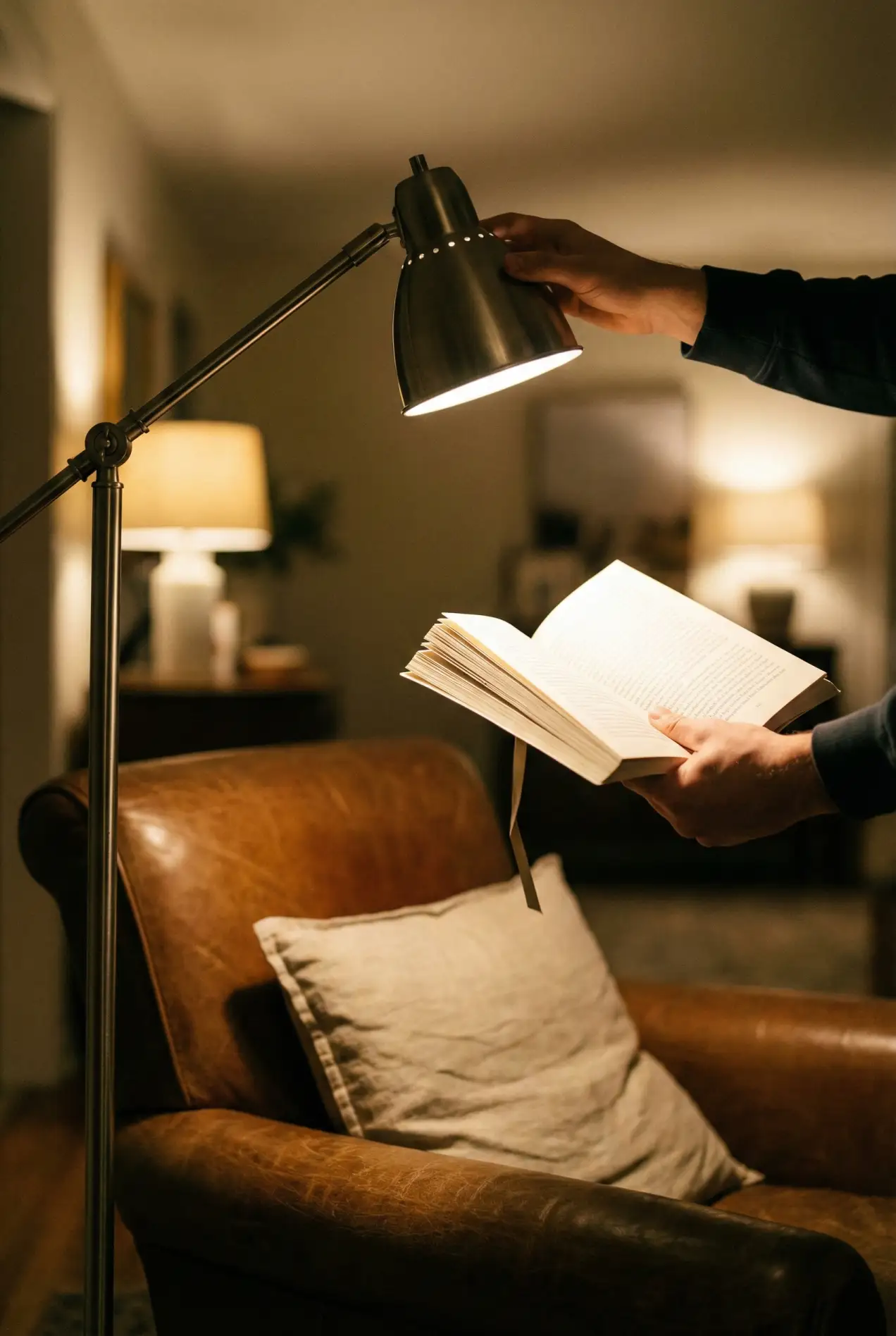 Task light is what makes moody rooms actually usable. Place a reading lamp slightly behind and to the side of your chair so the light hits the pages, not your eyes. Save this lamp placement guide idea. #tasklighting #lampplacement #readingcorner #cozyhome #livingroomdecor #lightingideas #layeredlighting #interiorhacks #warmglow #homeideas #homestyling