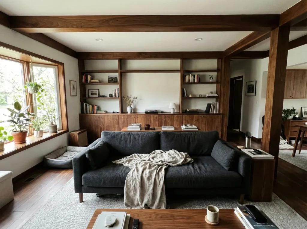 Japandi isn't just beige anymore. See how to use walnut wood and charcoal tones to create a cozy, grounded living space. #JapandiStyle #ModernHome #InteriorDesign