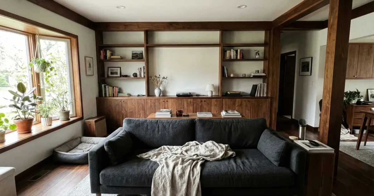 Japandi isn't just beige anymore. See how to use walnut wood and charcoal tones to create a cozy, grounded living space. #JapandiStyle #ModernHome #InteriorDesign