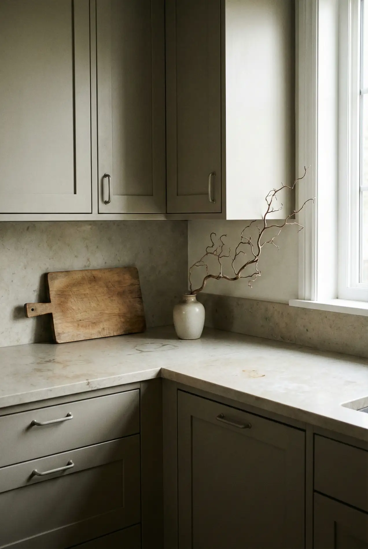 Ditch the glossy white. Here is how to style a Modern Japandi kitchen using matte cabinets and natural stone textures. #KitchenTrends #JapandiKitchen