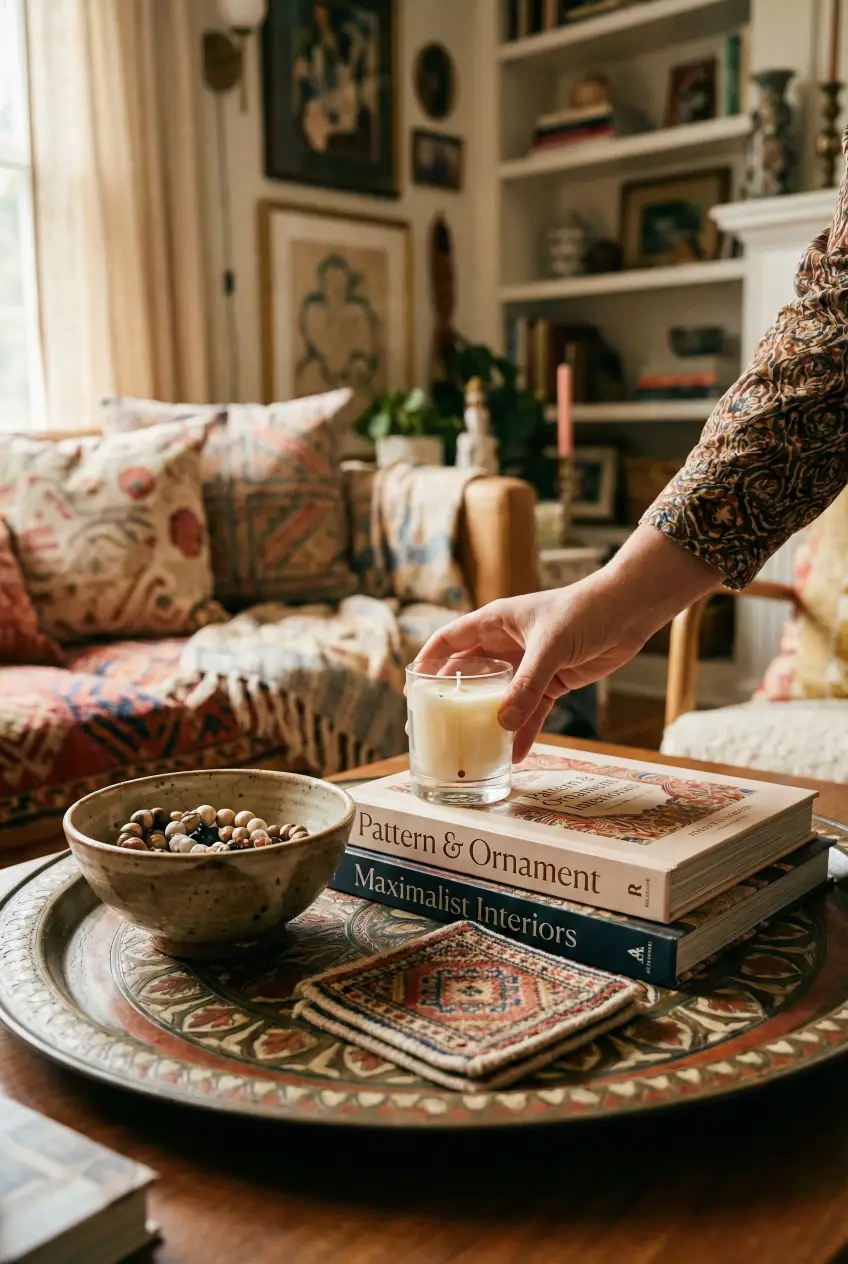 Sprinkling decor everywhere creates chaos. Clustering creates a curated, collected look fast. Use a tray, repeat your color story, and stop at one focal moment. Save this styling idea. Save for later. #coffeetabledecor #collectedhome #homestylingtips #maximaliststyle #layereddecor #cozydecor #decorhacks #interiorstyling #eclecticstyle #homeinspo #warminteriors #decorideas