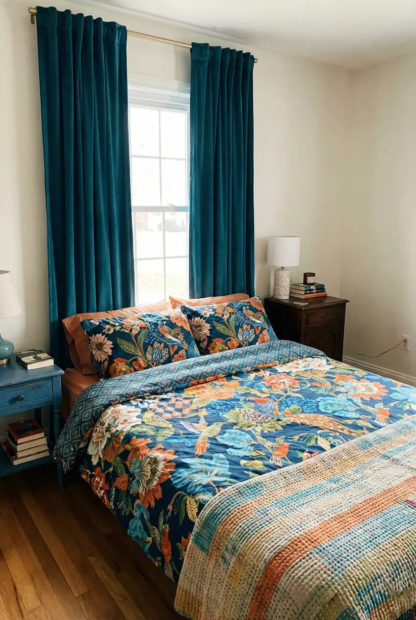 You can do maximalism in a bedroom and still sleep well. Keep the boldness centered on the bed, repeat your color story, and use texture to soften the look. Save this setup. Save for later. #bedroomdecor #maximalistbedroom #cozybedroom #layeredbedding #patternedduvet #interiorstyling #homeaesthetic #warminteriors #eclecticdecor #bedroominspo #decorideas #homestyling