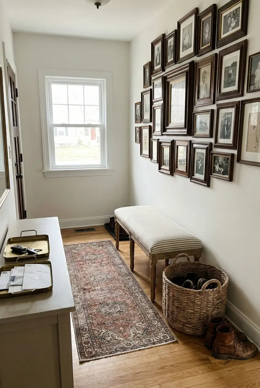 Entryways are perfect for controlled maximalism. Do one gallery cluster, one pattern touch, and one containment zone so it feels curated, not messy. Save this entryway layout. Save for later. #entrywaydecor #smallspaceideas #gallerywall #maximalistdecor #cozyhome #homestylingtips #layereddecor #eclecticstyle #interiorinspo #decorrules #mudroomideas #homeentryway