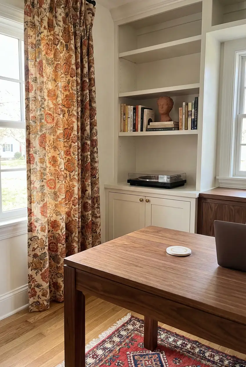 Add personality without losing focus. Keep big furniture solid, put pattern on textiles, and style one shelf cluster only. This is maximalism with calm structure. Save this office setup. Save for later. #homeoffice #officeinspo #maximalistdecor #workspacedecor #patternmixing #cozyinteriors #decorideas #homestyling #eclecticdecor #interiorstyle #desksetup #layereddecor