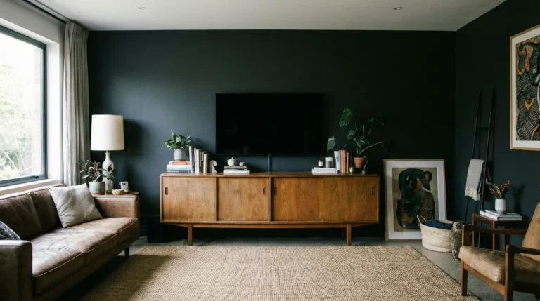 The 'Floating Island' mistake is ruining your living room vibe. See why mounting your TV on a plain white wall creates a 'black hole' effect and the simple $40 paint trick to fix it instantly. #tvwall #livingroommistakes #interiordesignhacks #darkpaint