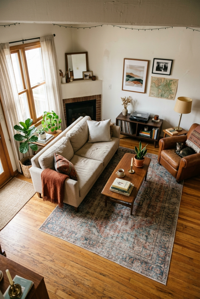 If you love eclectic interior design but hate when it starts to feel messy, this is the look to copy. A warm neutral base, a vintage-style rug, layered lighting, and a few well-chosen pieces can make the whole room feel personal without chaos. Save this for your next living room refresh. #eclecticinteriordesign #eclecticdecor #livingroomdecor #cozyhome #homedecorideas #warminteriors #collectedhome #interiordesignideas #vintagerug #layeredlighting