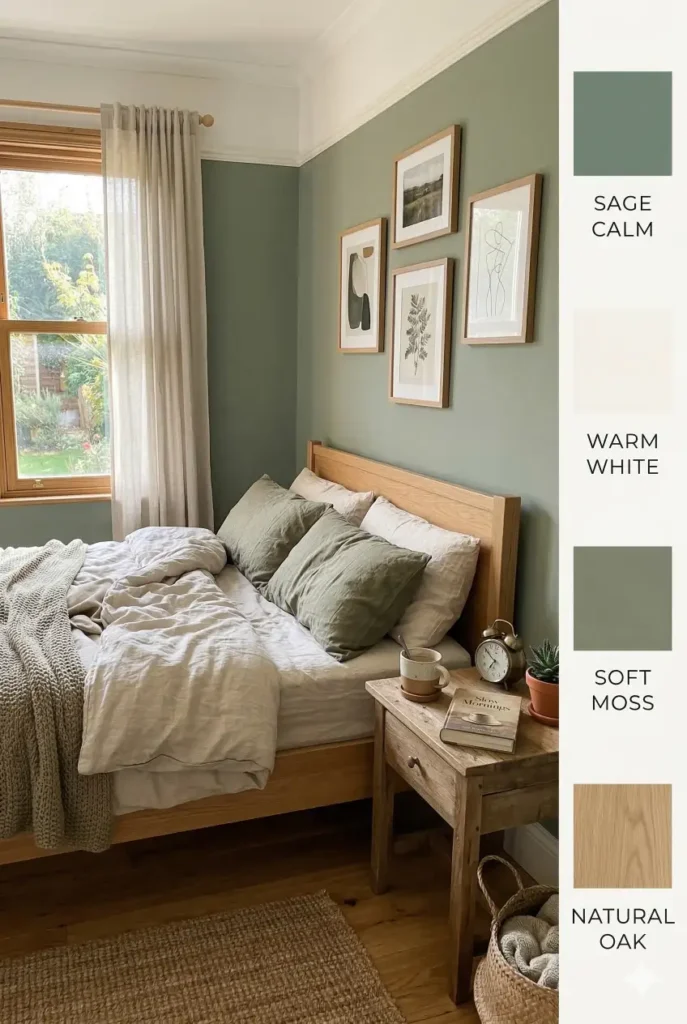 Sage green walls paired with warm white and natural oak create one of the most calming bedroom color combinations. This palette feels fresh, cozy, and balanced, perfect if you’re looking for relaxing bedroom paint color ideas.
