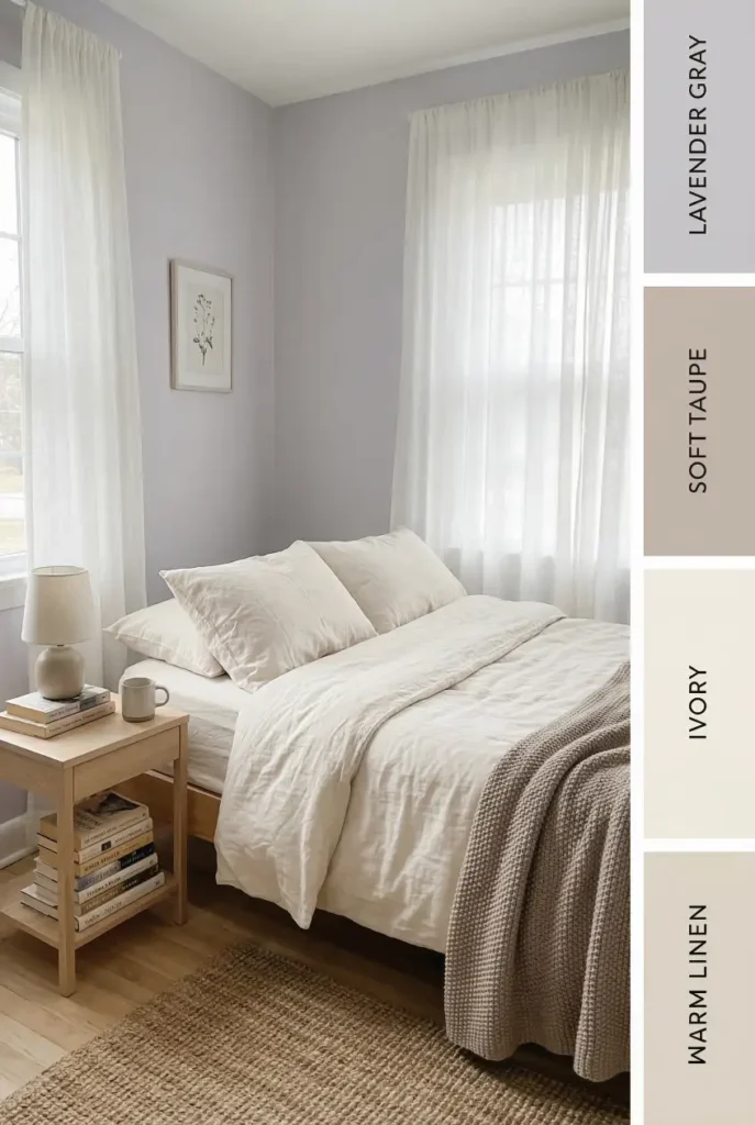 Lavender gray walls paired with soft taupe and ivory create a peaceful bedroom palette that feels elegant and calm. A beautiful alternative to classic neutral bedroom paint colors.
