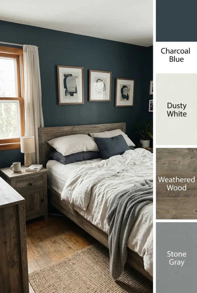 Charcoal blue walls paired with dusty white and weathered wood create a moody bedroom palette that still feels cozy and balanced. Perfect for modern bedroom color combinations.
