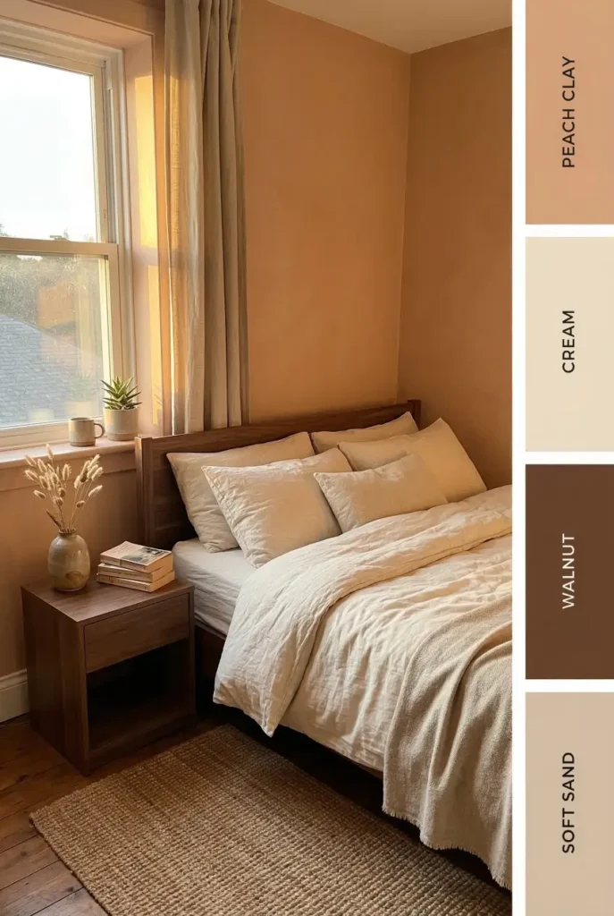 Soft peach clay walls paired with cream and walnut wood create a warm bedroom palette that feels cozy and welcoming. A beautiful bedroom paint color idea for modern interiors.
