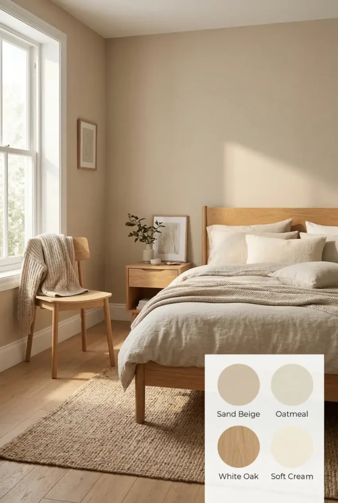 Sand beige walls combined with oatmeal tones and white oak furniture create a soft neutral bedroom palette that feels calm, layered, and timeless.
