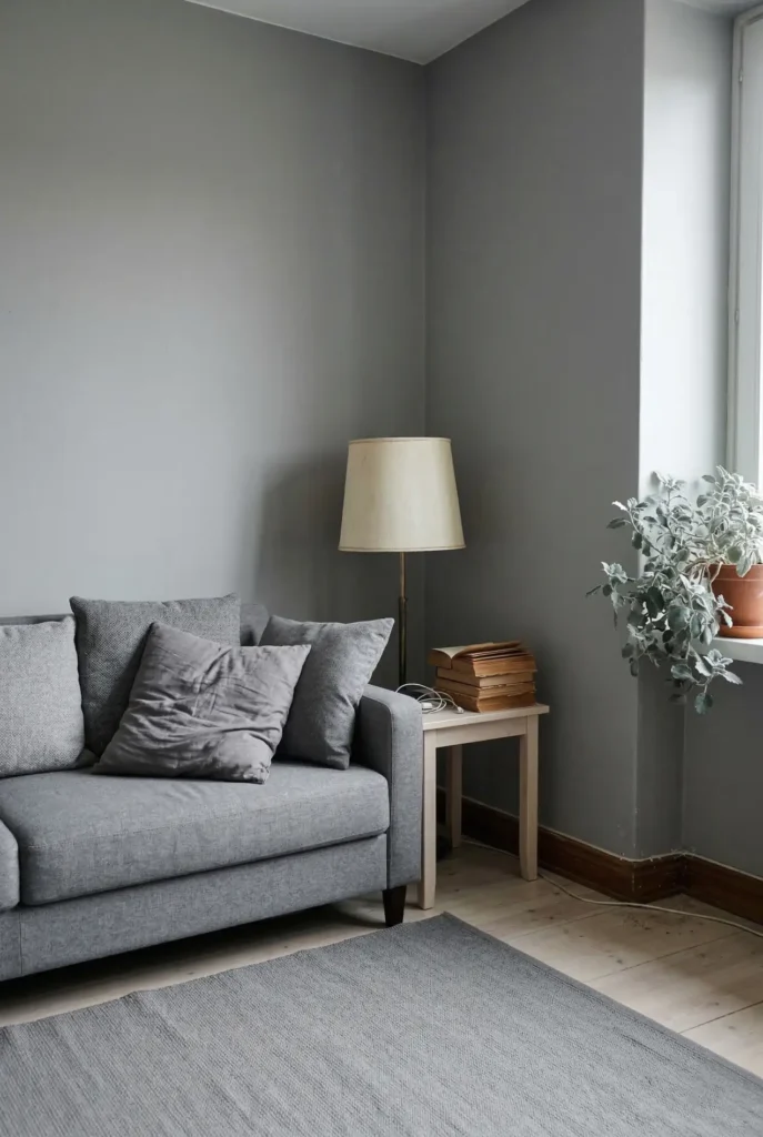 Monochrome gray living room with gray walls, gray sofa, and muted decor creating a dated look