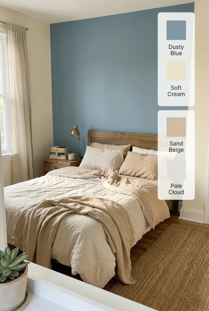 Dusty blue and soft cream create a peaceful bedroom palette that feels calm without looking cold. One of the best bedroom paint color ideas if your room gets plenty of natural light.
