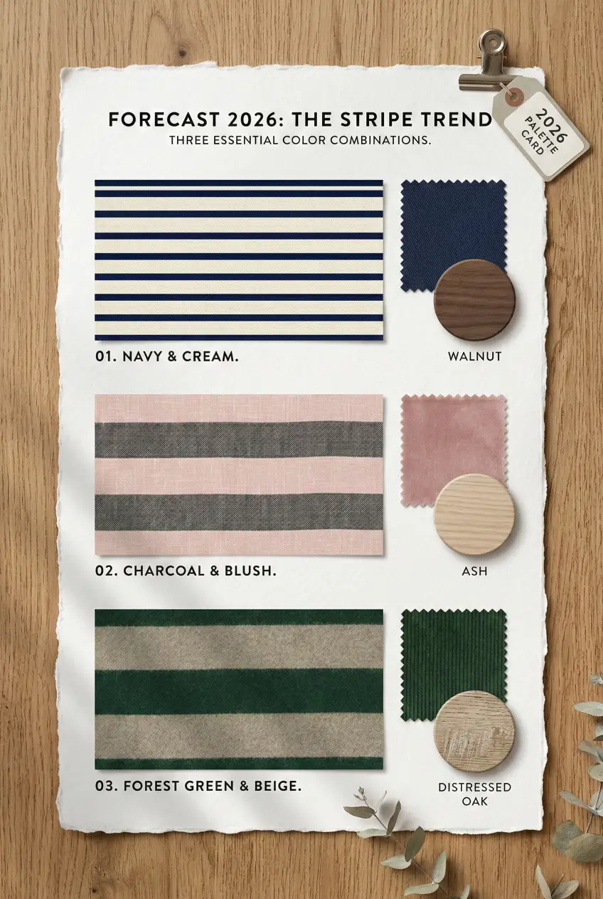 Save this palette card with proven color combos for the 2026 stripe trend: navy/cream, charcoal/blush, forest green/beige. #ColorPalettes #HomeTrends #InteriorInspo