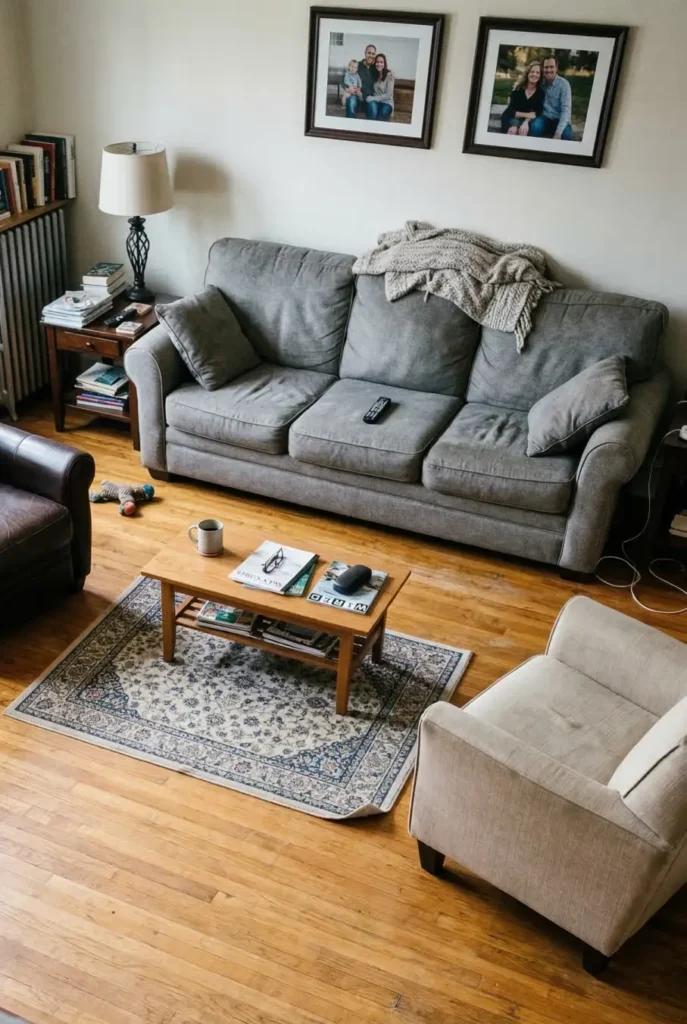 Living room with a rug that is too small for the seating area and makes the layout feel unfinished
