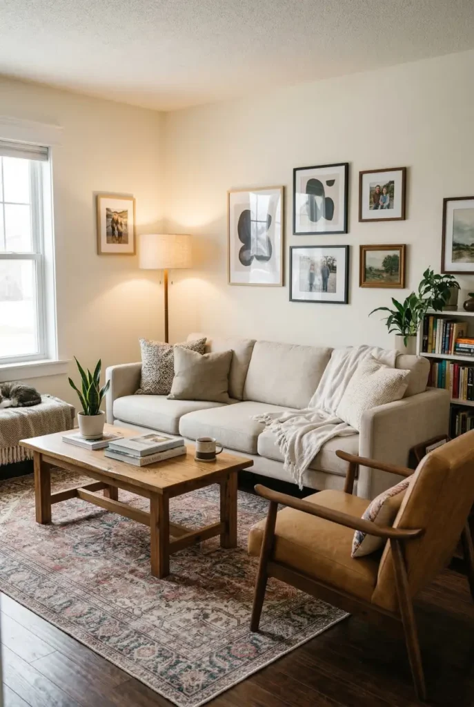 A modern eclectic living room does not need to feel loud to have personality. This mix of a clean sofa, character rug, sculptural chair, and warm lighting is the kind of look that feels layered, cozy, and actually livable. Save this for your next decor update. #moderneclecticlivingroom #livingroomideas #eclecticlivingroom #cozylivingroom #homedecor #livingroomstyling #warminteriors #interiordesigninspo #collectedhome #roomdecorideas