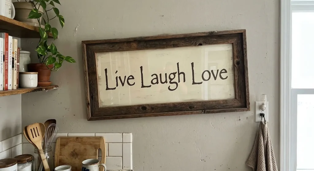 Rustic kitchen wall sign with decorative wording that makes the space feel outdated
