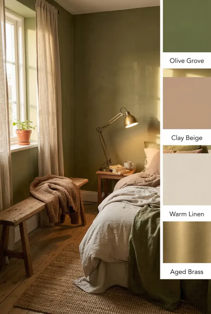 Olive green walls combined with clay beige and warm brass accents create a grounded bedroom palette that feels earthy and calm. A beautiful bedroom wall colour combination for cozy interiors.