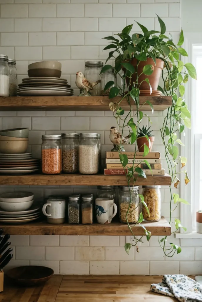 Kitchen open shelves overloaded with decorative objects, dishes, and jars creating a cluttered look