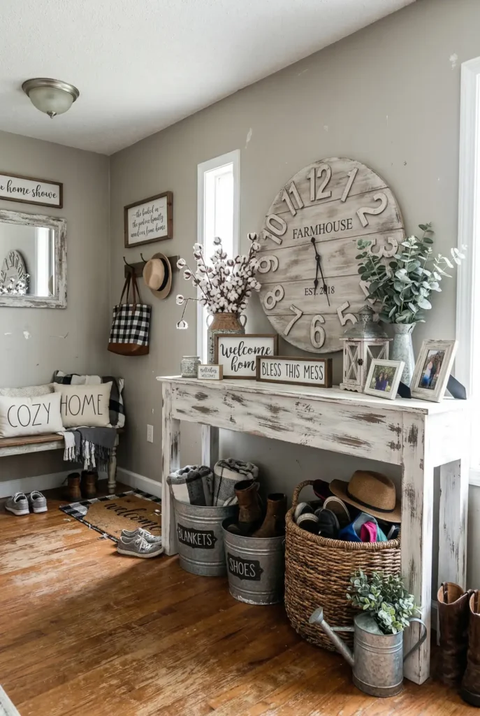 Entryway overloaded with fake farmhouse decor including distressed furniture, metal buckets, and oversized wall accents