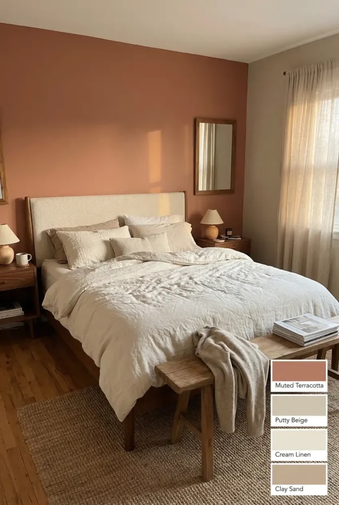 Muted terracotta walls combined with putty beige and cream create a warm bedroom palette that feels cozy without being overwhelming. A great color combination for earthy modern bedrooms.

