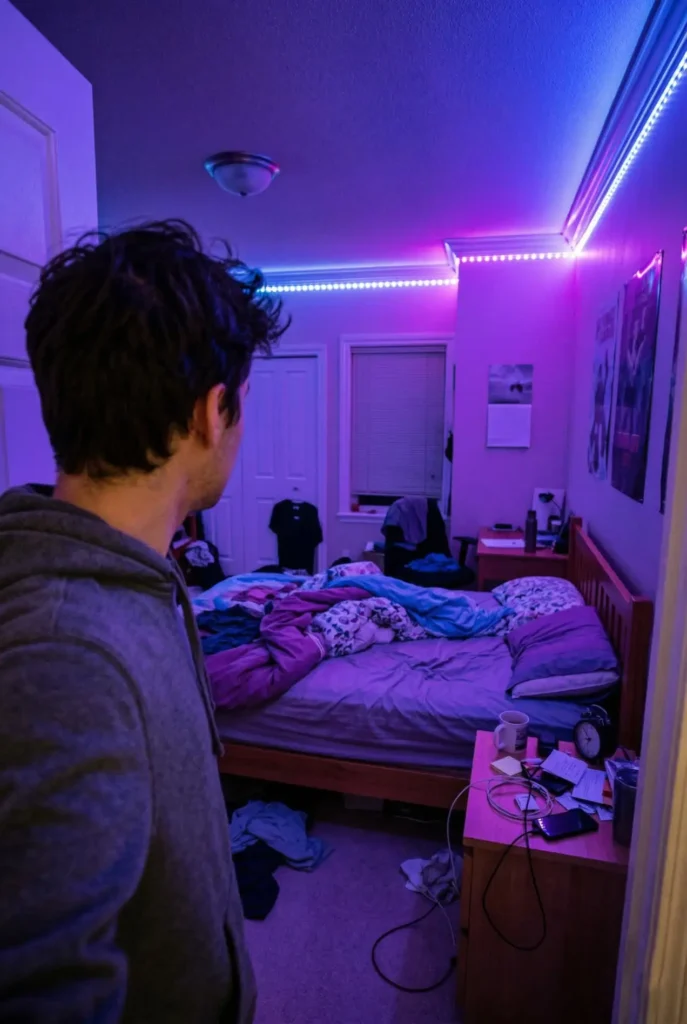 Bedroom lit with harsh purple and blue LED strip lights creating an outdated and artificial atmosphere