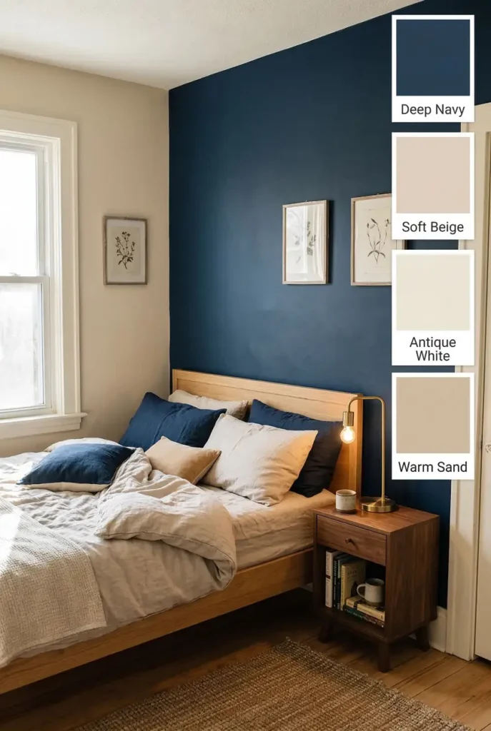 Deep navy walls balanced with soft beige and antique white create a calm bedroom palette that feels rich but still relaxing. One of the best bedroom wall colors for modern bedrooms.