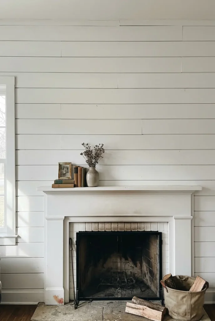 Living room with full white shiplap walls and a generic fireplace creating a repetitive dated look