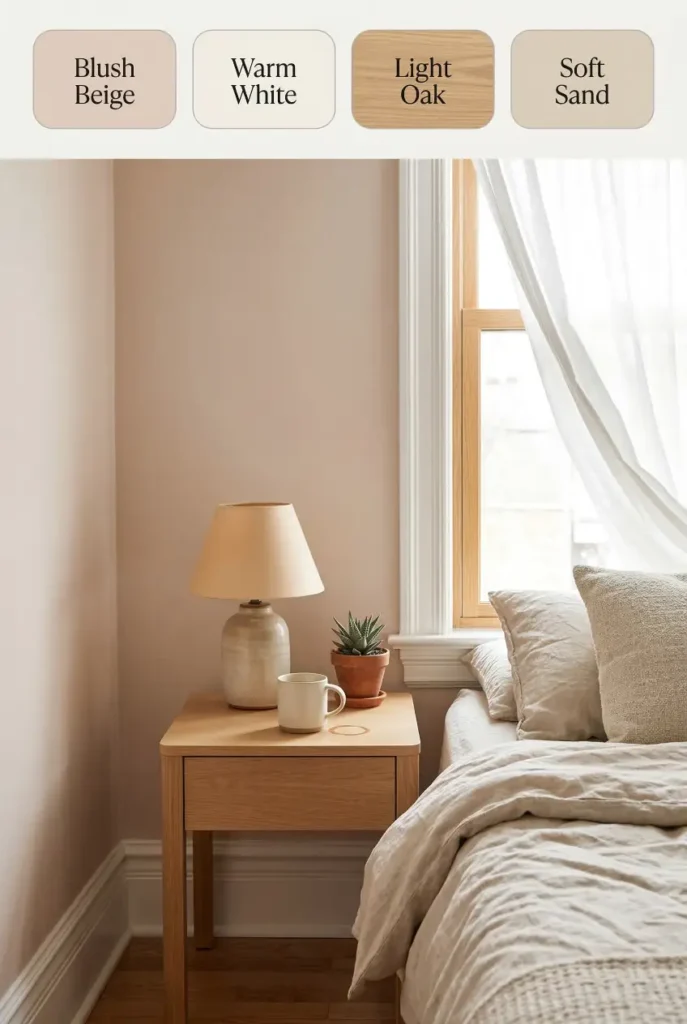 Blush beige walls paired with warm white and light wood tones create a soft bedroom palette that feels warm and inviting. Perfect for cozy bedrooms and small bedroom color ideas.
