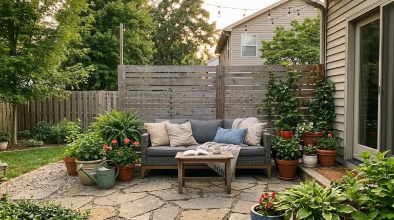 Creating backyard privacy doesn’t mean building a wall. Screens, plants and pergolas can block neighbors’ views while keeping your yard cozy and bright. Save these smart backyard privacy ideas for later. #backyardprivacy #backyarddesign #gardenprivacy #outdoorliving #cozybackyard #privacyideas #backyardinspo #gardenideas Pinterest Alt Text: cozy backyard patio with wooden privacy screen blocking neighbors view