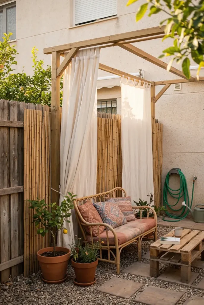Simple backyard privacy solutions like bamboo panels, outdoor curtains and trellises can block views without expensive renovations. Save these easy backyard ideas. #budgetbackyard #backyardprivacy #gardenideas #diygarden #outdoorliving #backyarddesign #cozygarden #privacyideas