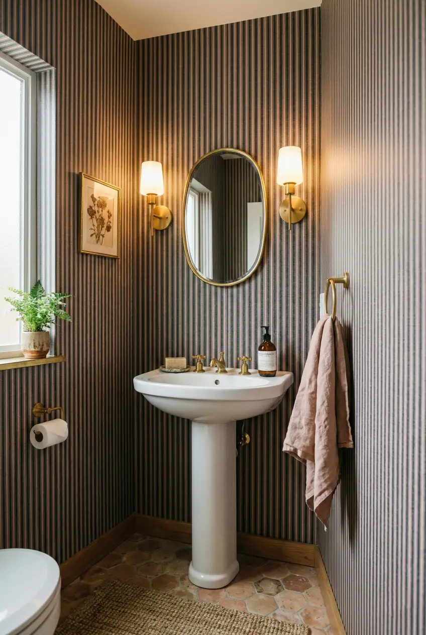 A small powder room gets elevated with narrow stripe wallpaper. Subtle colors keep it chic and not busy. Tap to save this idea. #BathroomDecor #StripedWallpaper #SmallSpaces