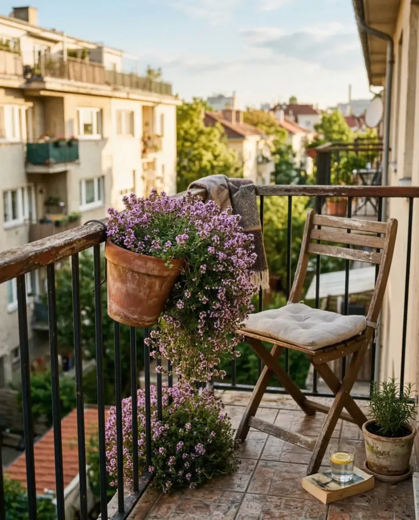 Creeping thyme spilling from a terracotta pot on a sunny apartment balcony in spring