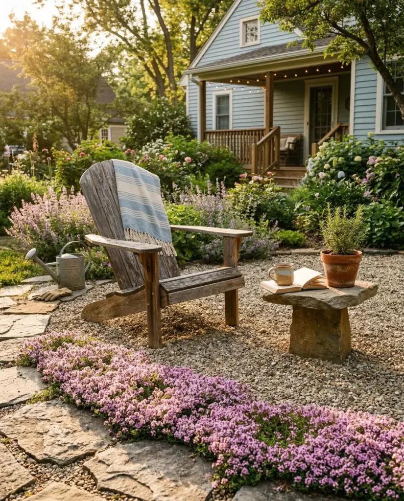 Creeping thyme softening the edge of a gravel patio beside a simple outdoor chair