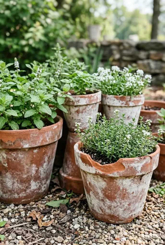 Want vintage garden decor that looks real, not staged? Start with mixed terracotta pots, soft planting, and natural patina. Save this easy styling formula.
