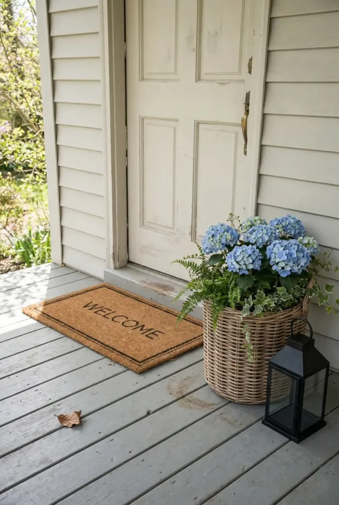 A black lantern, a woven planter, and fresh hydrangeas are enough to transform your entry. These easy spring porch decor ideas feel elevated, simple, and realistic for everyday homes. Save this porch styling idea for later.