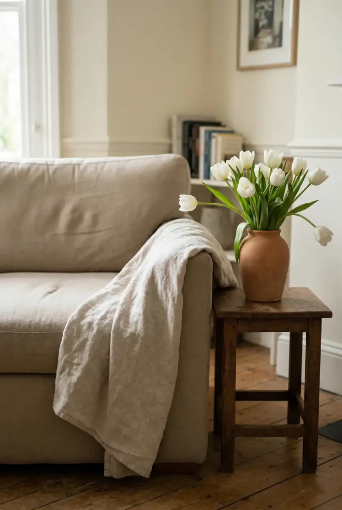 Refresh your living room without buying all new decor. This winter-to-spring transition uses lighter textiles, earthy color, and one simple floral touch to make the whole room feel softer. Save this easy seasonal reset.