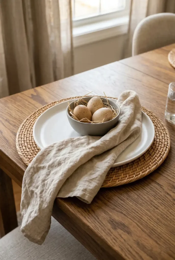 This Easter table decor proves you do not need themed dishes or bright color overload. Woven chargers, wrinkled linen, and natural eggs create a relaxed holiday table that still feels polished. Save this simple hosting idea.