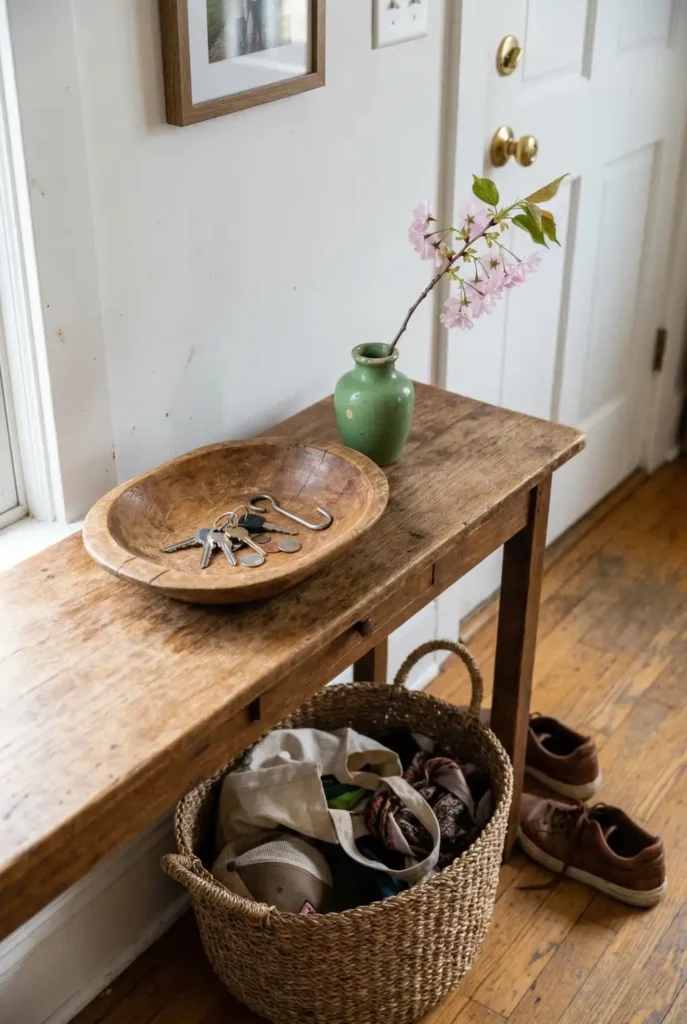 Refresh your entryway in minutes with a catch-all bowl, one blooming branch, and less clutter. These cozy spring entryway ideas are practical, simple, and easy to maintain in real life. Save this quick styling fix.
