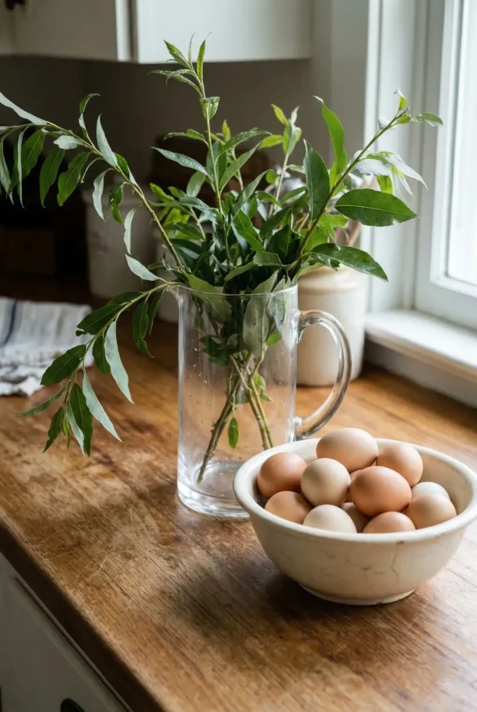 The prettiest Easter decor might already be in your kitchen or backyard. Foraged branches, neutral eggs, and vintage bowls create a natural spring look that feels expensive without costing much. Save this budget-friendly idea.