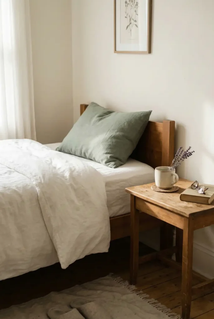 A lighter quilt, white linen, and one muted green accent can completely change the mood of a bedroom. This subtle spring bedroom decor feels calm, cozy, and easy to copy. Save this for your next seasonal refresh.