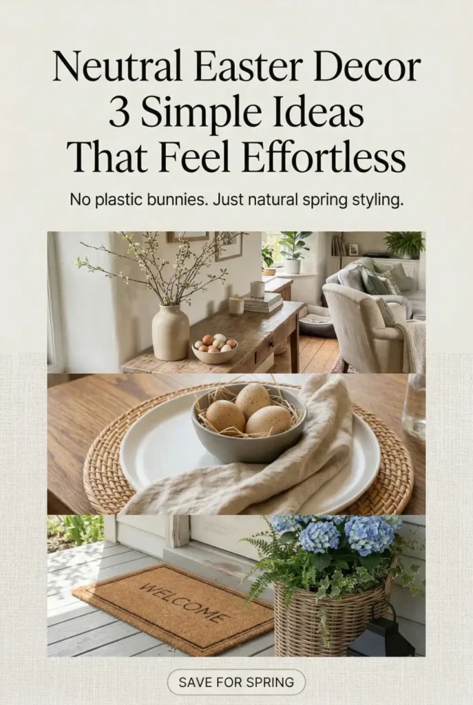 Skip the plastic clutter and try these neutral Easter decor ideas instead. This cozy spring look uses branches, ceramic bowls, natural eggs, and soft textures to make your home feel seasonal without looking overdone. Save this for your Easter refresh.